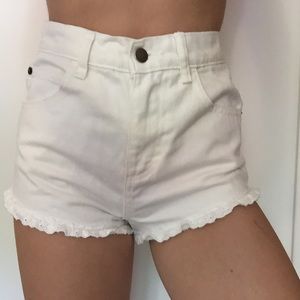High Waisted White Denim Lace Trimmed Shorts